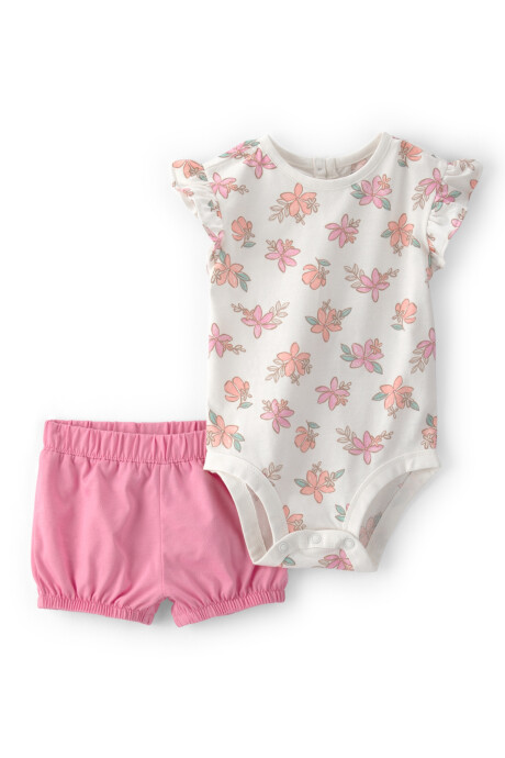 Set dos piezas de algodón, short y body, rosado y blanco, diseño floral Sin color