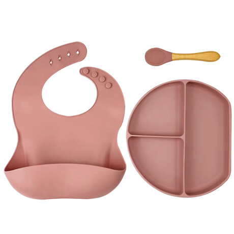 Set de Comida para Bebé con Babero Plato Cuchara en Silicona Rosa Viejo