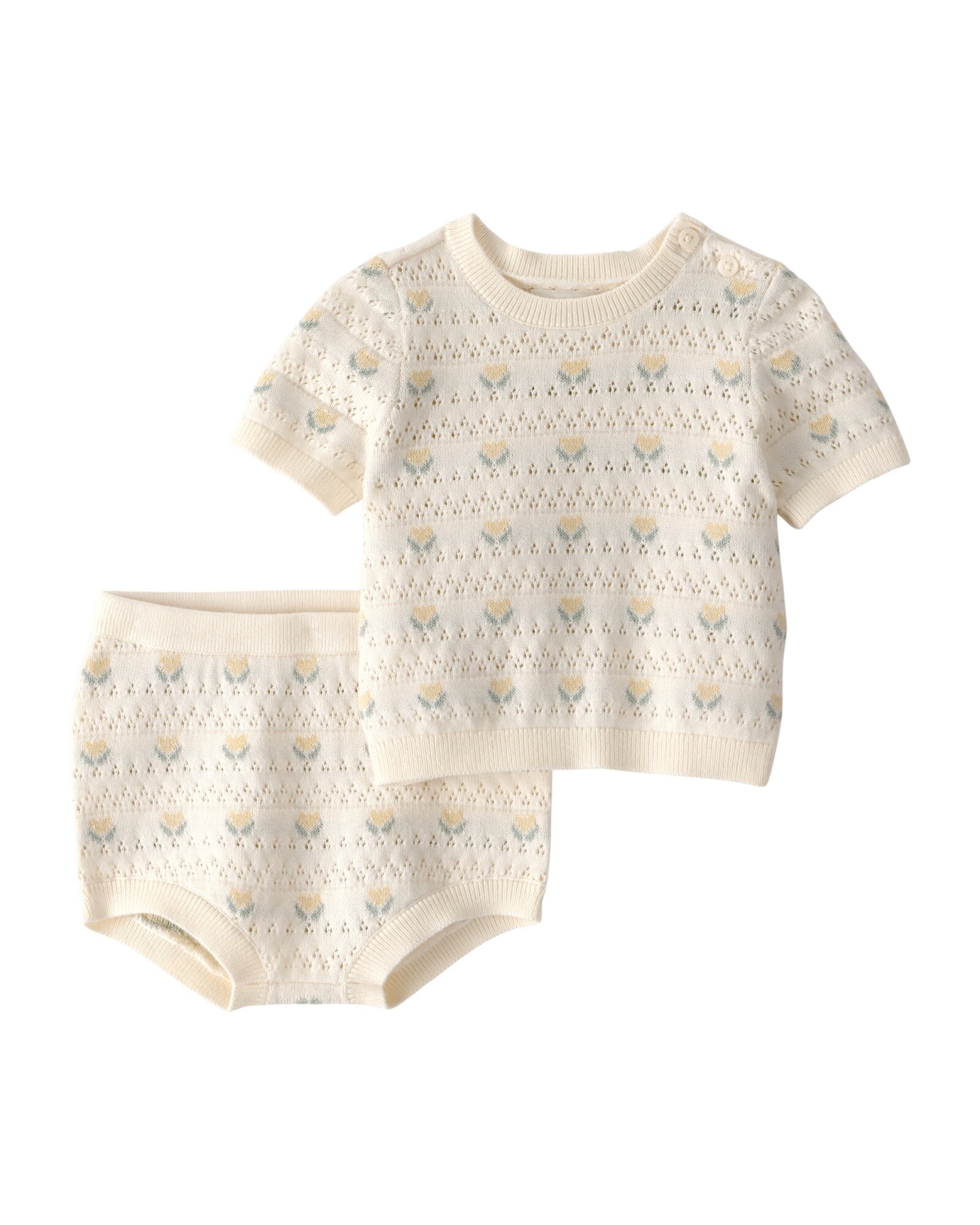 Set dos piezas de algodón orgánico, short y remera, tono miel, diseño floral Sin color