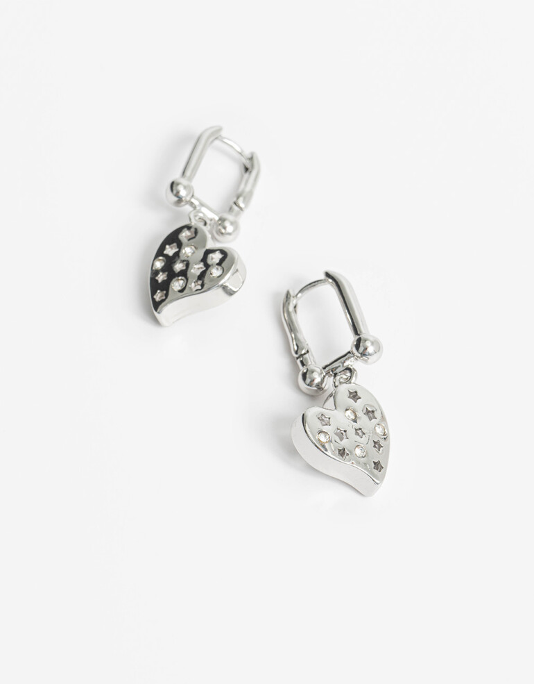 Aros Colgantes Cortos Strass Aros Colgantes Corazón Strass - Plateado Rodio