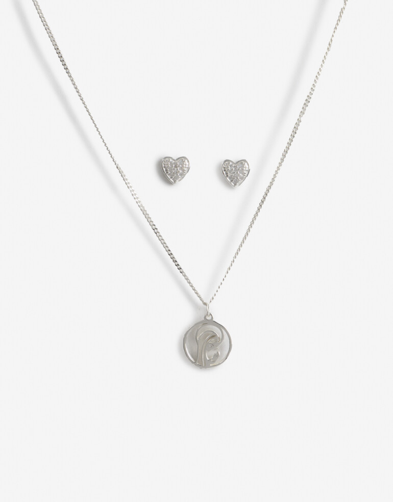 Bijouterie Set Metal Set Para Niñas En Plata Aros Corazón Y Dije Virgen Niña - Plateado Rodio