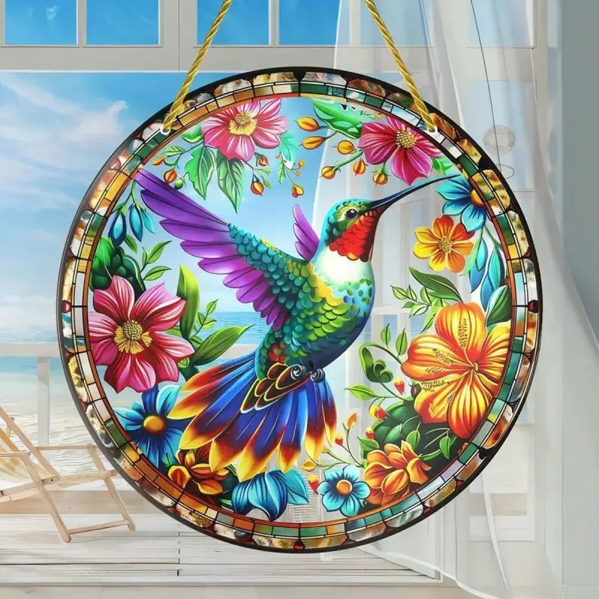 Cuadro Redondo Estilo Vitral - Colibrí En Campo De Flores 