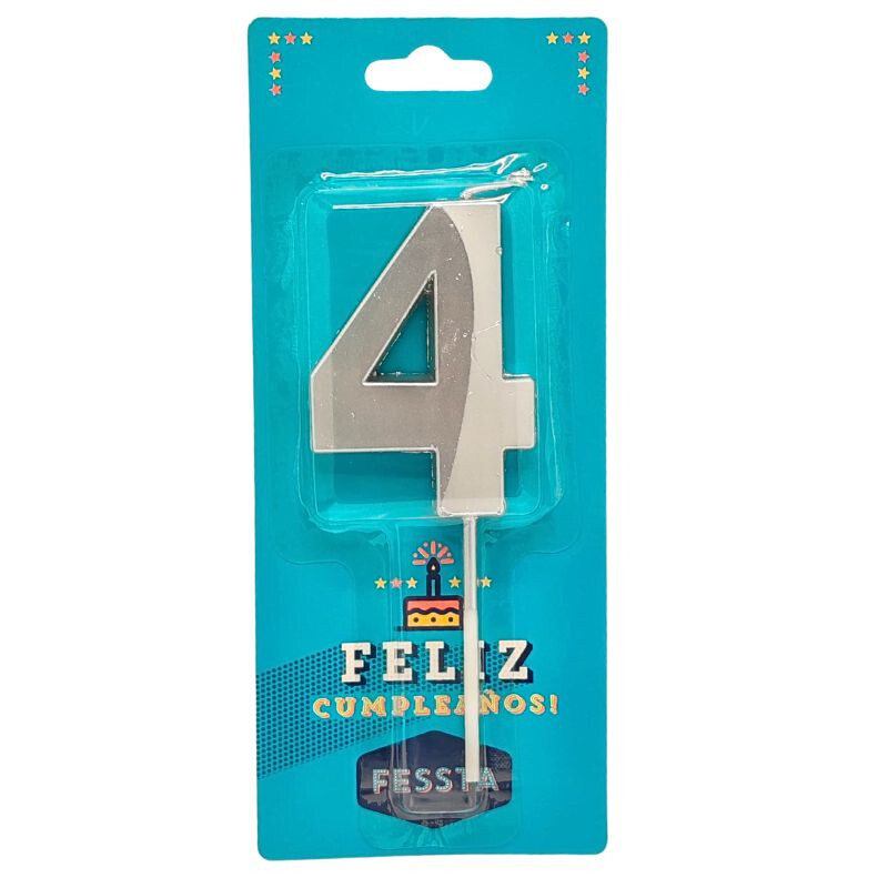 Vela Número 3D Grande Plateada CUATRO