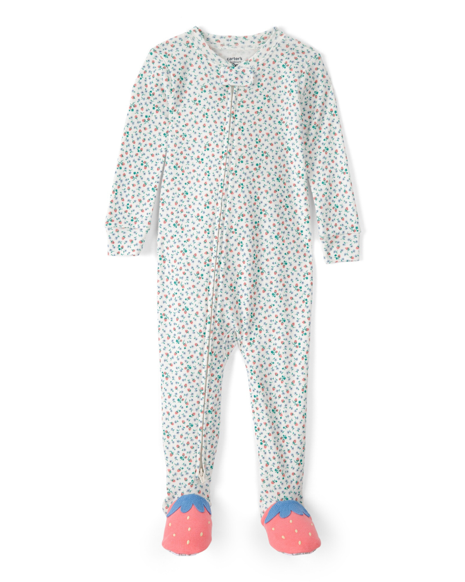 Pijama enterito de algodón con pie, diseño frutillas y flores. Talles 12-24M Sin color
