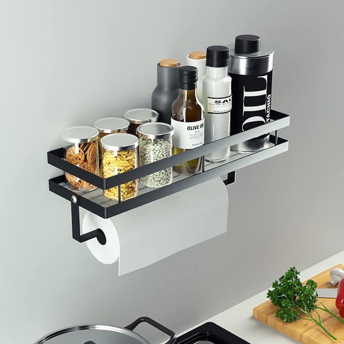 Estante de pared con porta rollos acero y hierro 