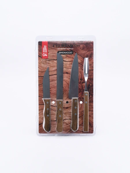 CUCHILLOS ASADOR CON TENEDOR SET X 4 MARRON