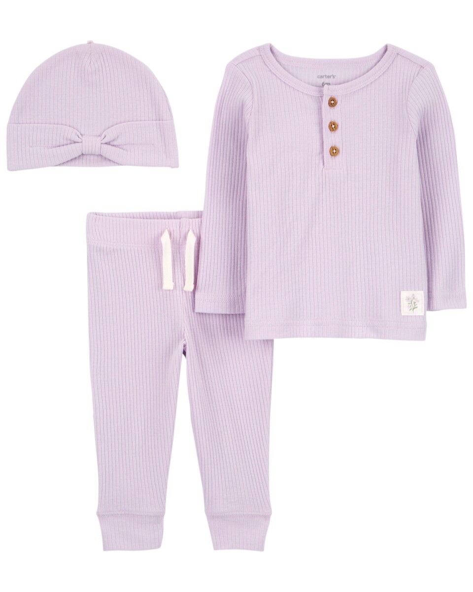 Set tres piezas de algodón térmico, pantalón, remera y gorro 