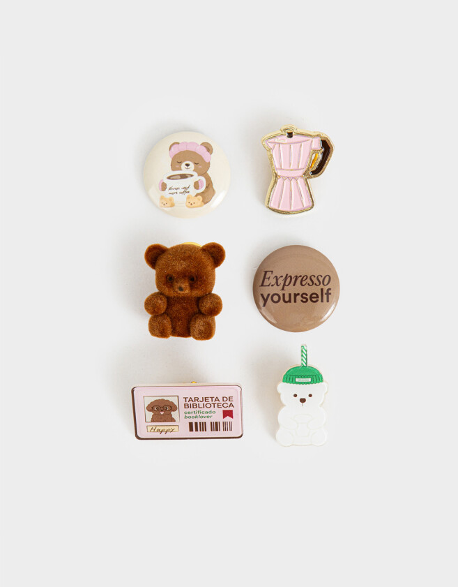 Pin Set De 6 Mini Pins: 2 Esmaltados, 2 De Felpa Y 2 De Chapita - Combinacion Multicolor