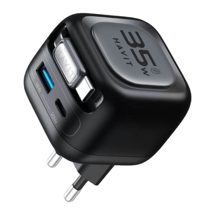 Cargador Havit UC250 GaN 35 W con Cable USB-C Retráctil y Cargador para Reloj Cargador Havit UC250 GaN 35 W con Cable USB-C Retráctil y Cargador para Reloj
