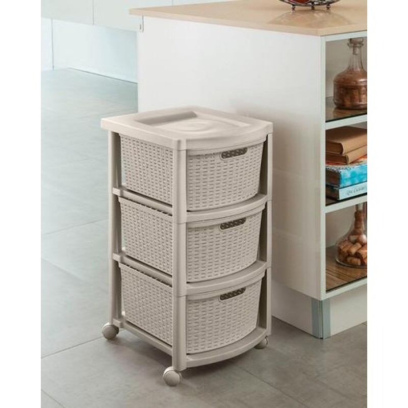 Cajonero Rimax Plastico Rattán 3 cajones, estante y ruedas Beige