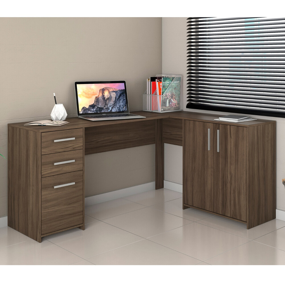 ESCRITORIO ESQUINERO MESA PARA PC LAPTOP COMPUTADORA 2 PUERTAS 2 CAJONES MARRON