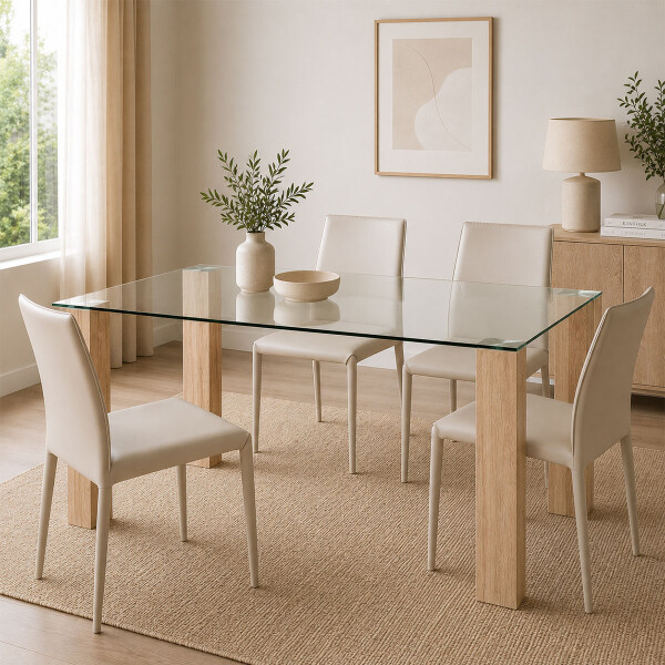 Juego De Comedor 4 Sillas Ecocuero Mesa De Vidrio Beige