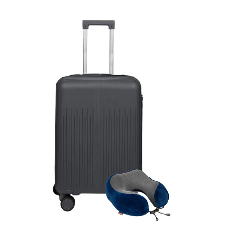 Set Valija Mediana Rígida + Almohadón Cervical Memoria Azul Gris Oscuro