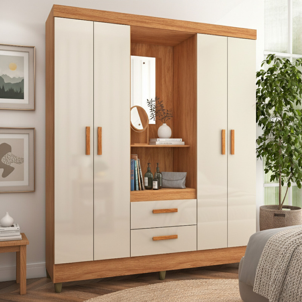 Ropero 4 Puertas 2 Cajones con Espejo, Perchero y Tocador 150cm MDP - Cinamomo Off White 
