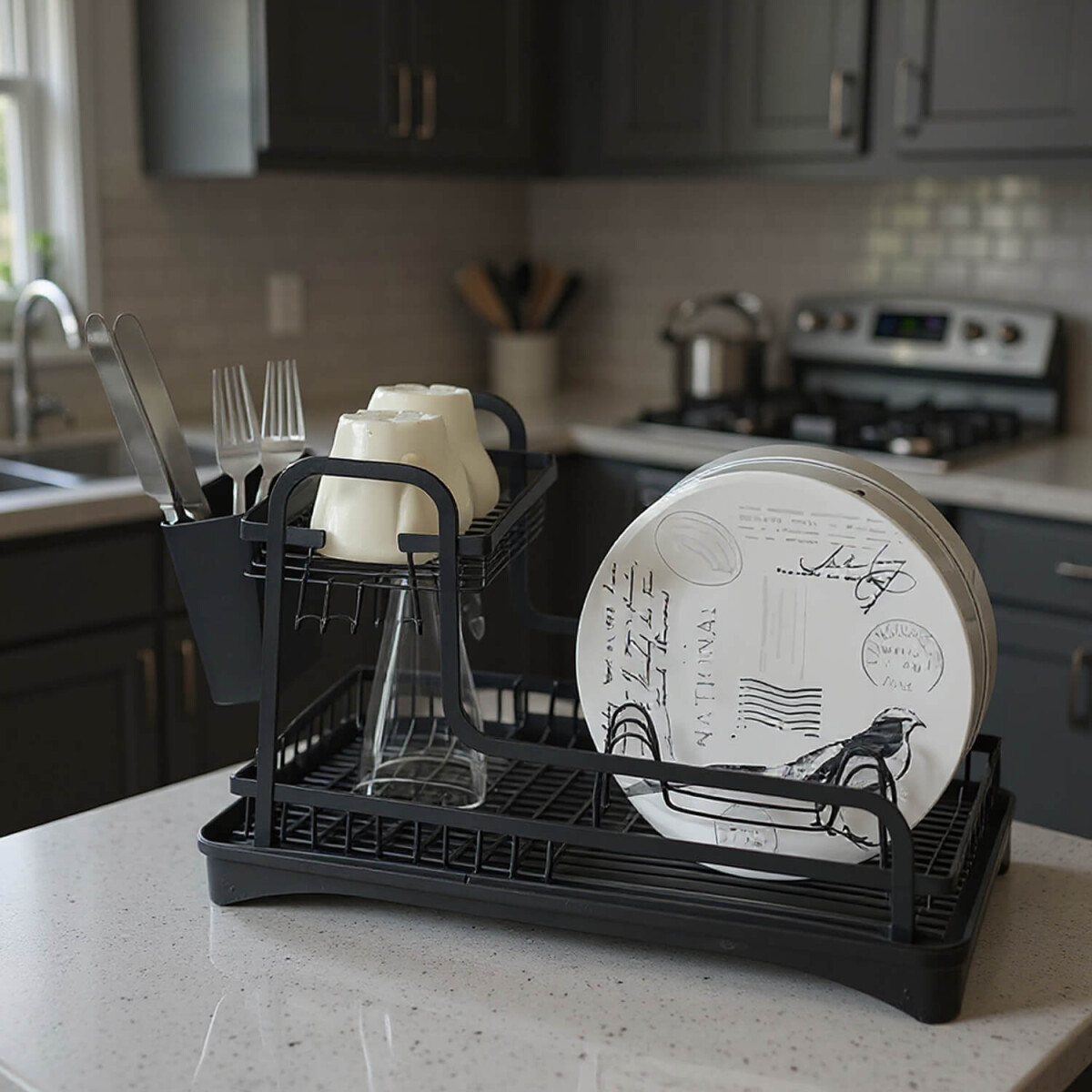 Escurridor Seca Platos Acero 2 Niveles Secador Con Bandeja Cocina Mesada Imback Color Negro 