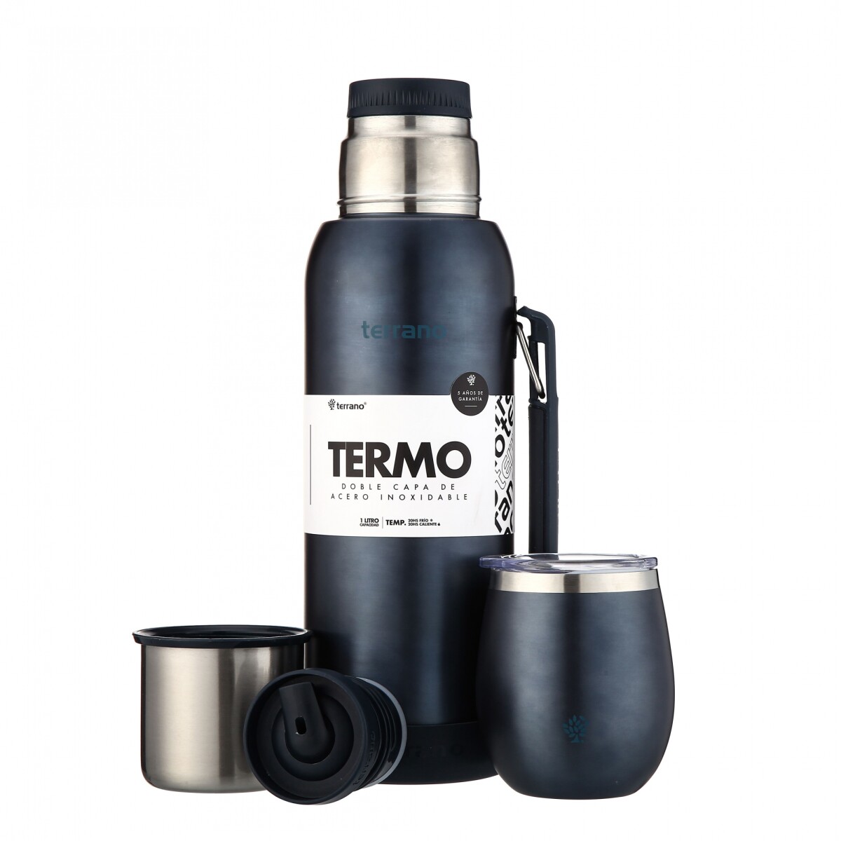 Kit Termo 1LT Con Base De Silicona + Mate De Acero Con Tapa - Azul Metalizado 