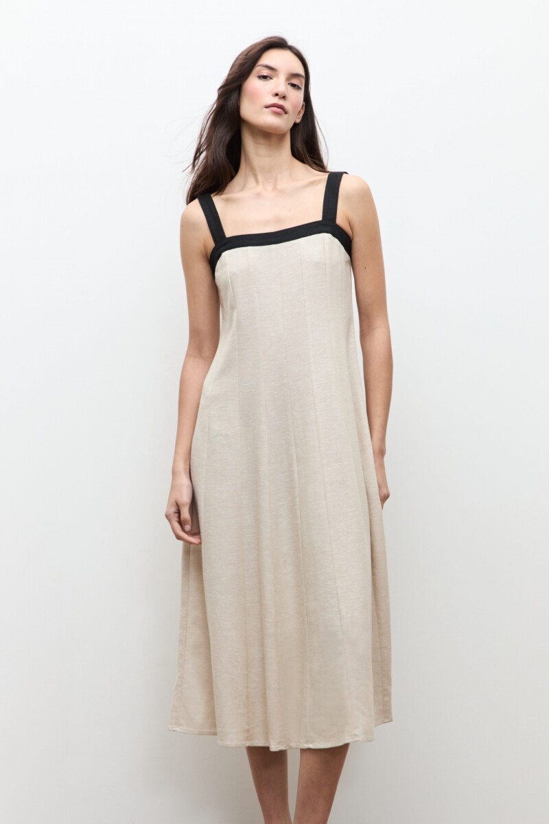 Vestido lino cortes verticales beige melange