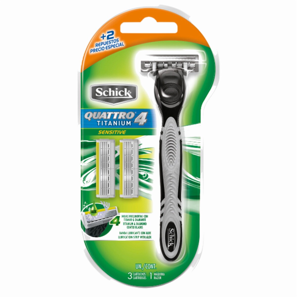 Schick Quattro Titanium Sensitive + 2 Repuestos 