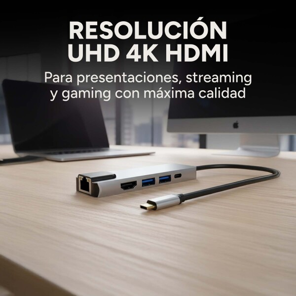 Adaptador Hub Tipo C 5 en 1 Ethernet HDMI 4K 2 USB 3.0 Mac Color Gris