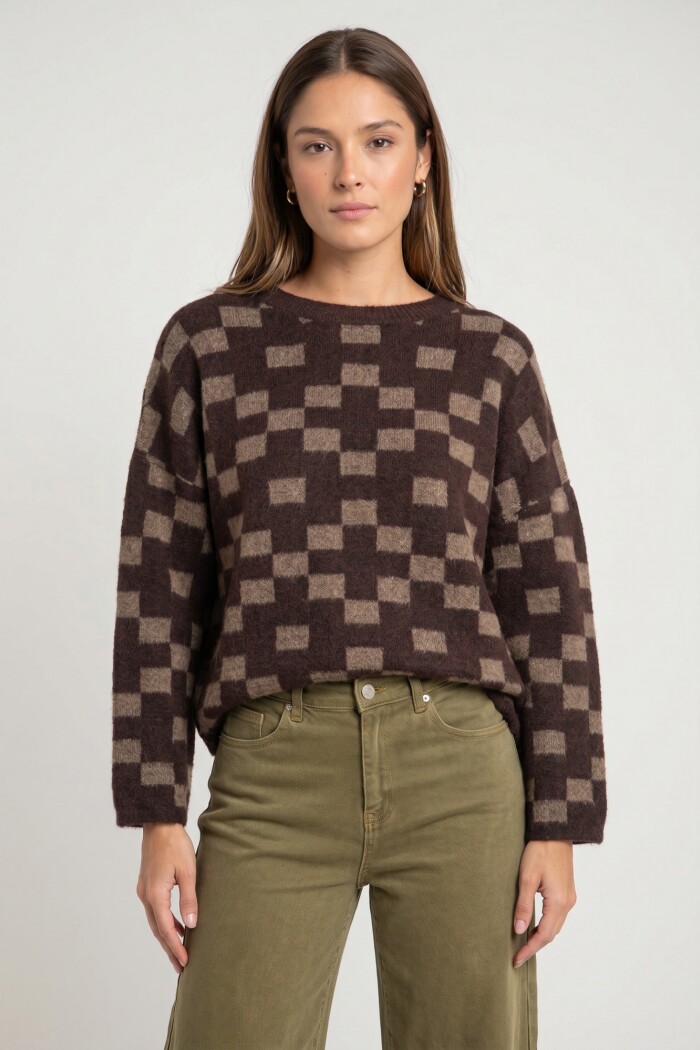 Sweater Intarsia Cuadros Chocolate