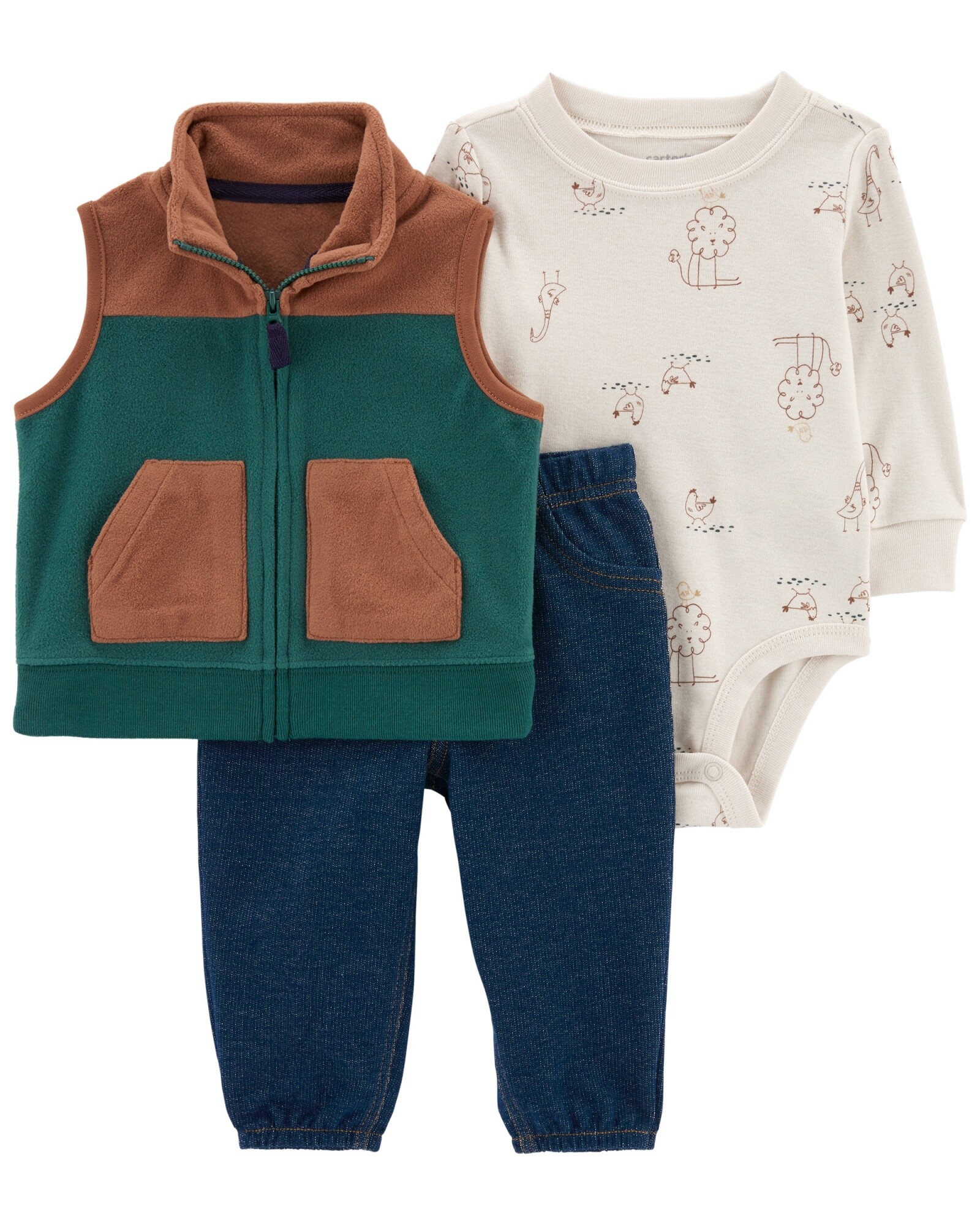 Set tres piezas chaleco de micropolar diseño bloque de colores, pantalón y body manga larga 0