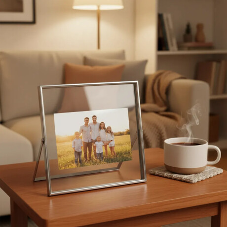 Porta Retrato de Pie p/ Fotos Cuadrado 20x20Cm Vidrio Metal Plateado