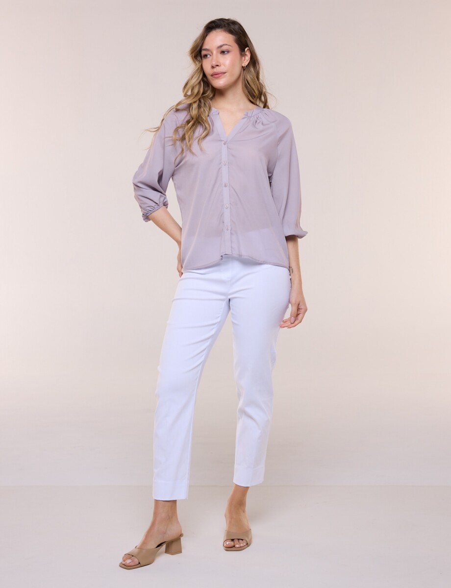Blusa De Gasa Con Cuello Mao Y Manga Abullonada - Lavanda Claro 