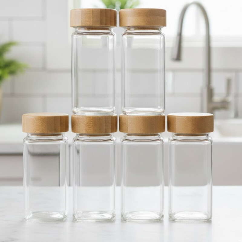 Frasco especiero con tapa de madera x6 TRANSPARENTE