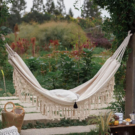Hamaca Paraguaya en Tela con Flecos y Bolso p/2 Personas Crudo