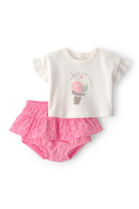 Set dos piezas de algodón, short con ojales y remera, estampa helado Set dos piezas de algodón, short con ojales y remera, estampa helado