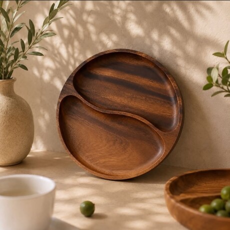 Bandeja Redonda de Madera de Acacia con 2 Compartimentos para Snacks y Picadas ( Ø25cm x Alto 3cm) Bandeja Redonda de Madera de Acacia con 2 Compartimentos para Snacks y Picadas ( Ø25cm x Alto 3cm)
