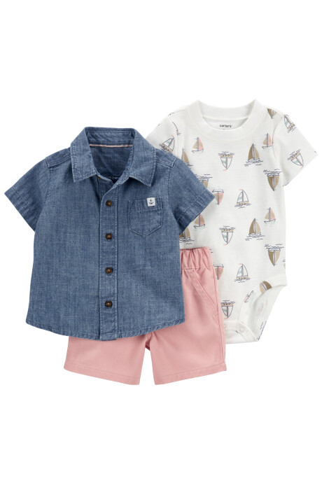 Set tres piezas short, camisa jean y body de algodón Set tres piezas short, camisa jean y body de algodón