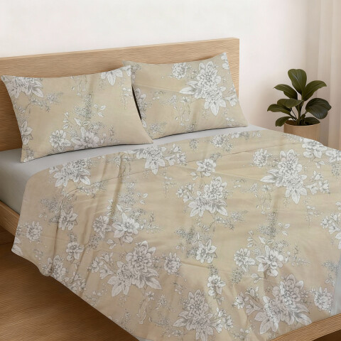 Juego Sábanas 2 Plazas Home Class Estampado 180 Hilos 100% Algodón FLORES BEIGE