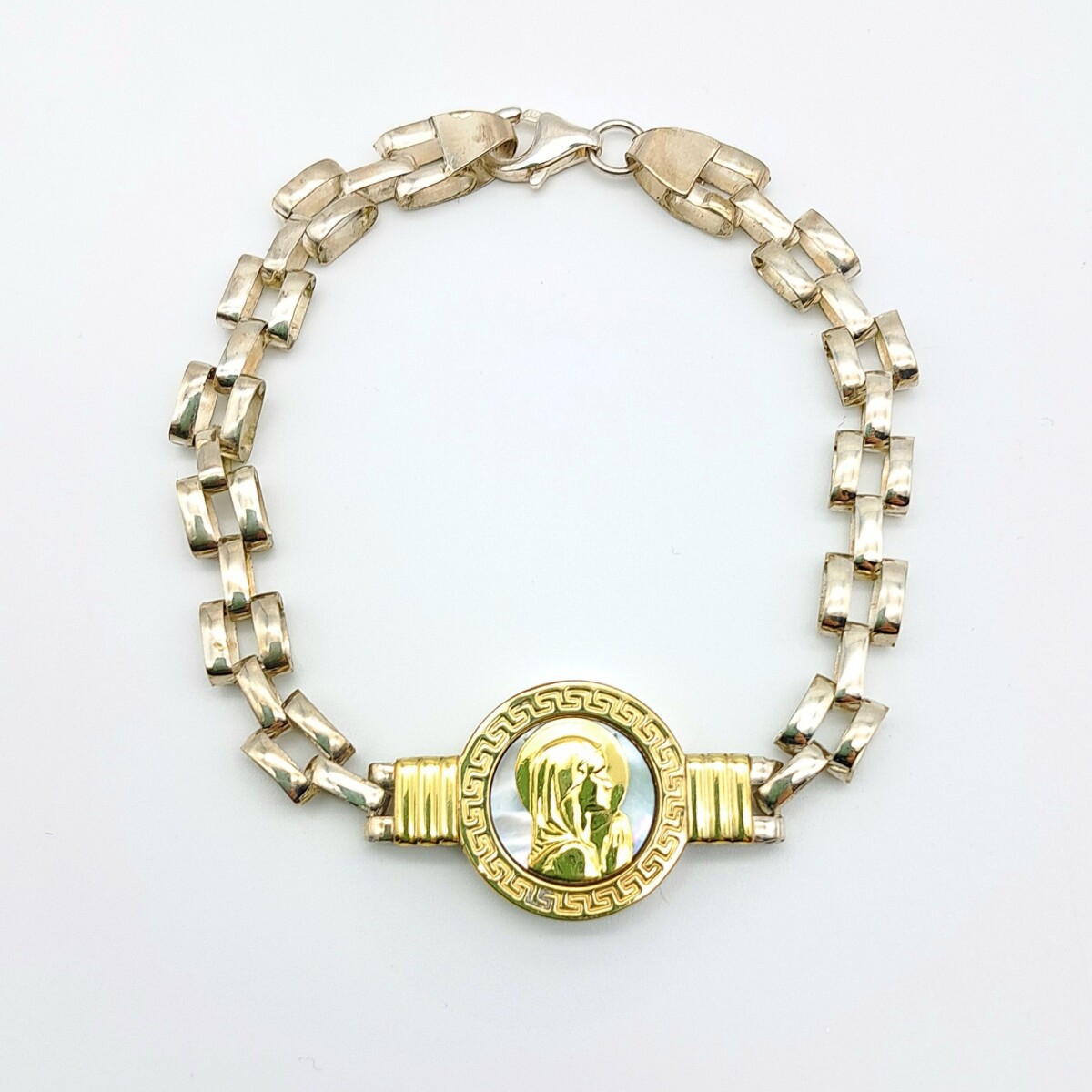 Pulsera de plata 925, double en oro 18 ktes y nácar, VIRGEN NIÑA. 