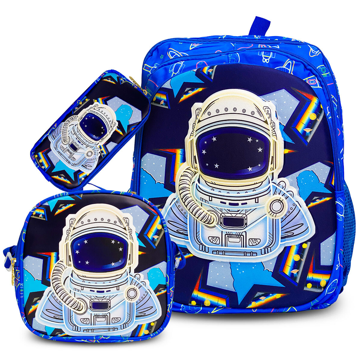 Mochila Escolar 3en1 Lunchera + Cartuchera Infantil - Azul Astronauta 
