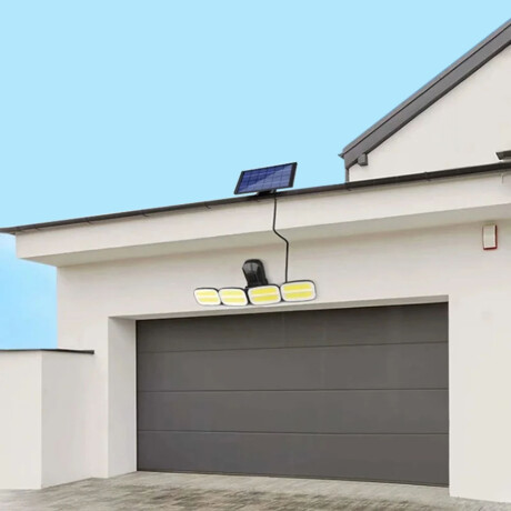 Foco Solar de Pared Ajustable 4 Luces Led c/Sensor y Control Negro