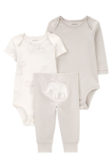 Set tres piezas de algodón, pantalón y dos bodies, diseño elefantes Set tres piezas de algodón, pantalón y dos bodies, diseño elefantes