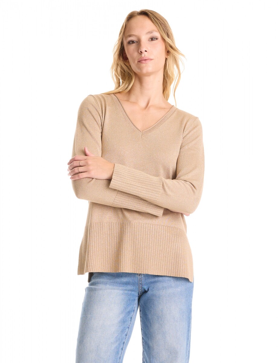 Buzo Esc V Lurex - Beige Oscuro 