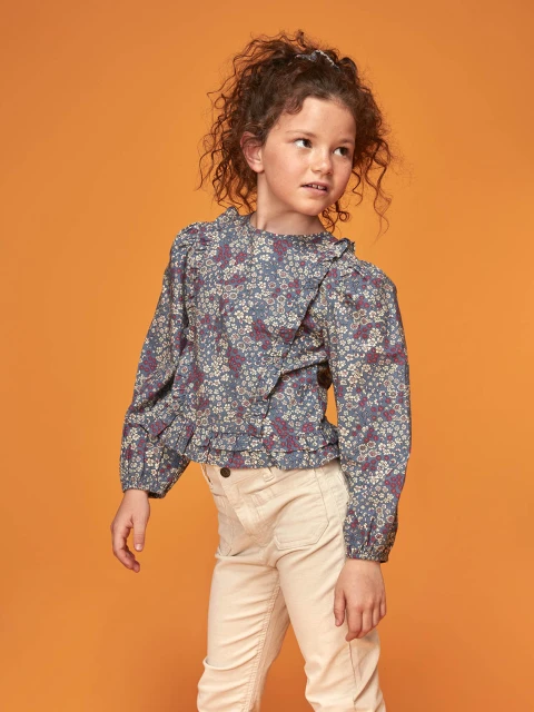 Blusa De Flores Con Tiras Fruncidas Azul Viejo