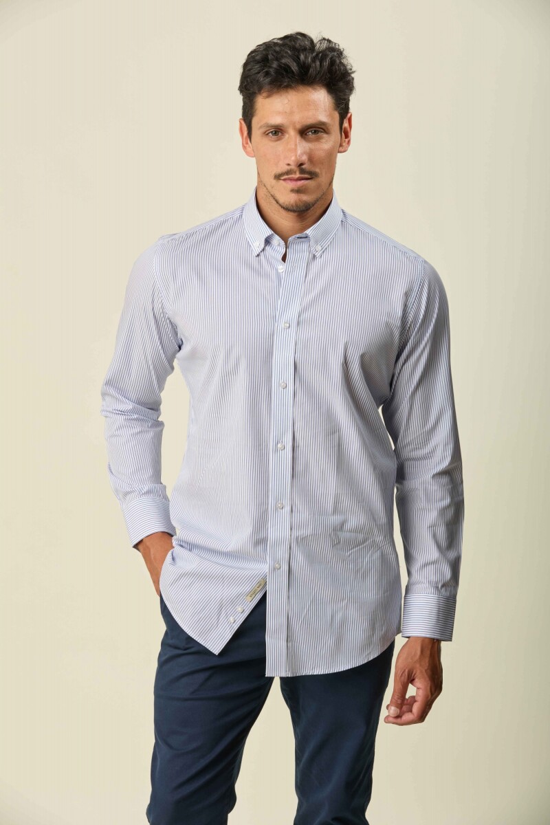 Camisa Sport Algodón Manga Larga - Blanca Raya Azul 