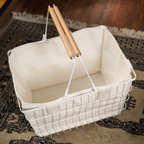 Canasto cesto de hierro y tela con mango - blanco blanco