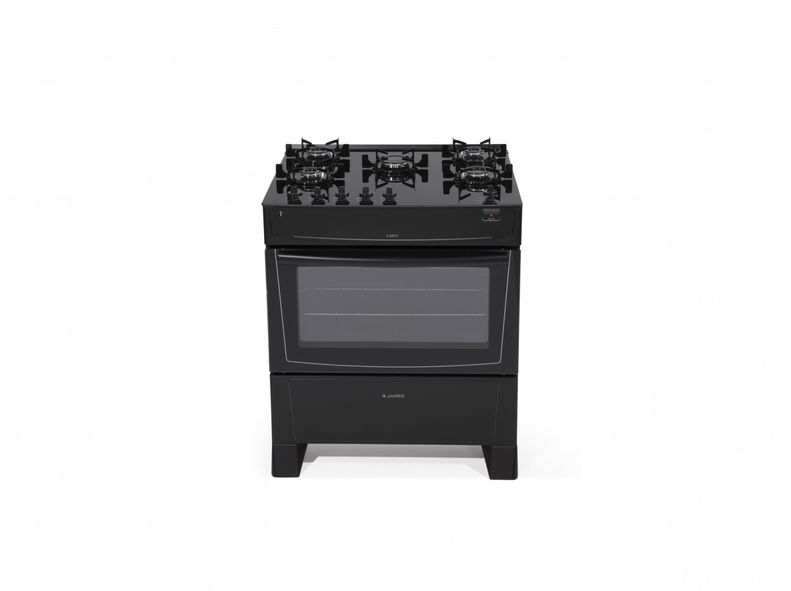 Cocina A Gas James 5 Hornallas Negra Con Mesada De Vidrio Negra C 695 V 
