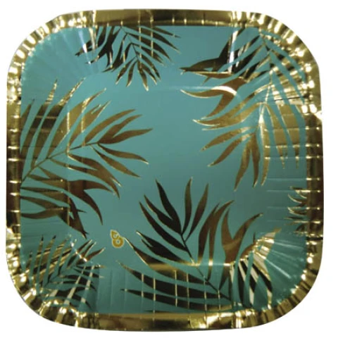 Cotillón Platos Descartables x8 Hoja Dorada/Fondo Verde