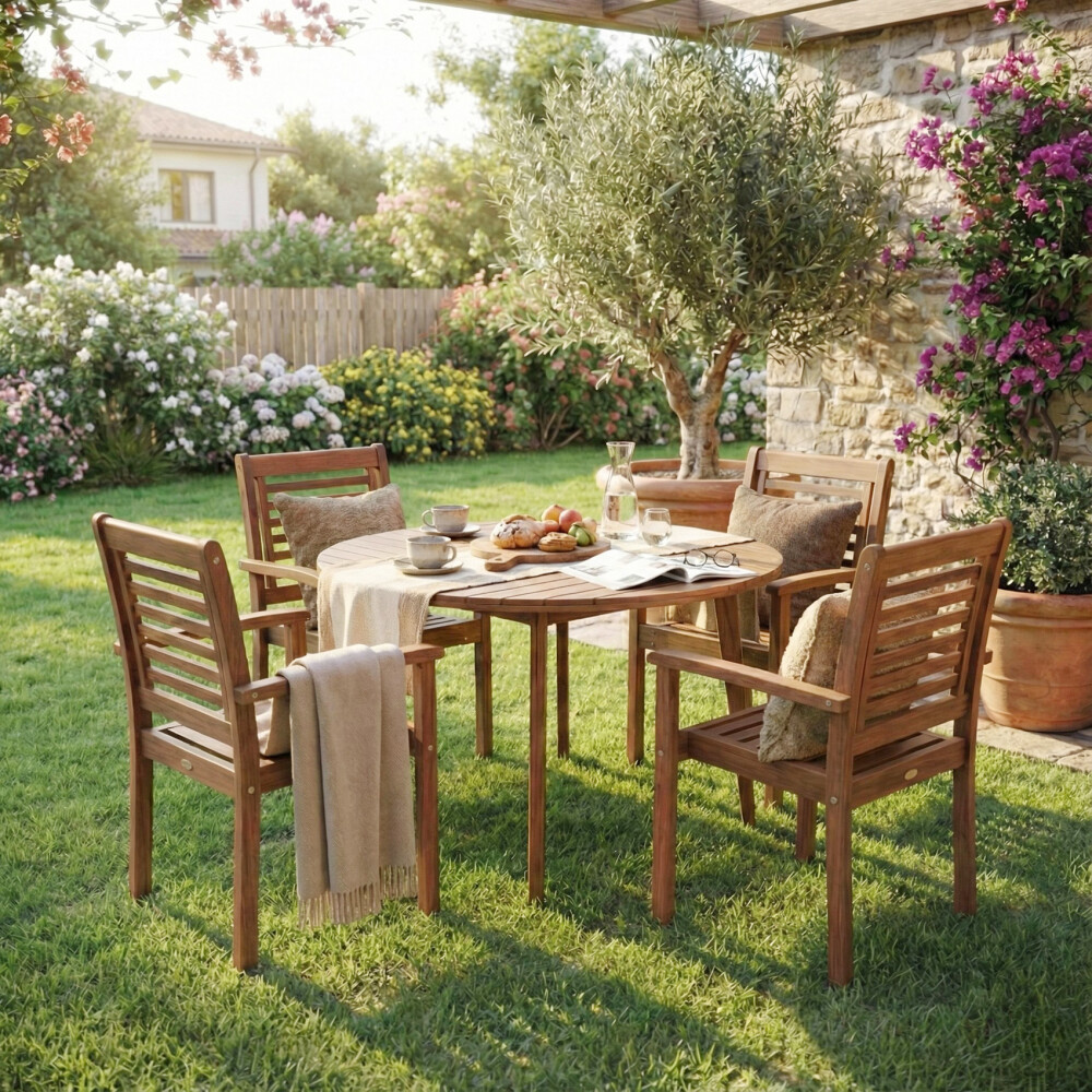 Set de Comedor para Exterior con 4 Sillas Apilables Set de Comedor para Exterior con 4 Sillas Apilables