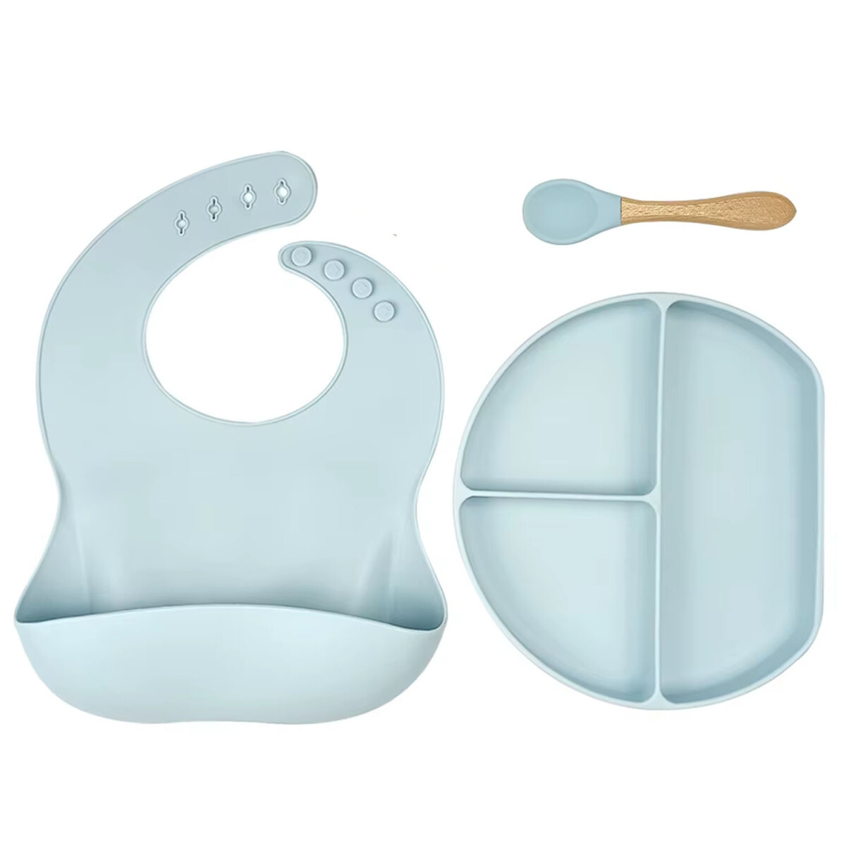 Set de Comida para Bebé con Babero Plato Cuchara en Silicona - Celeste 