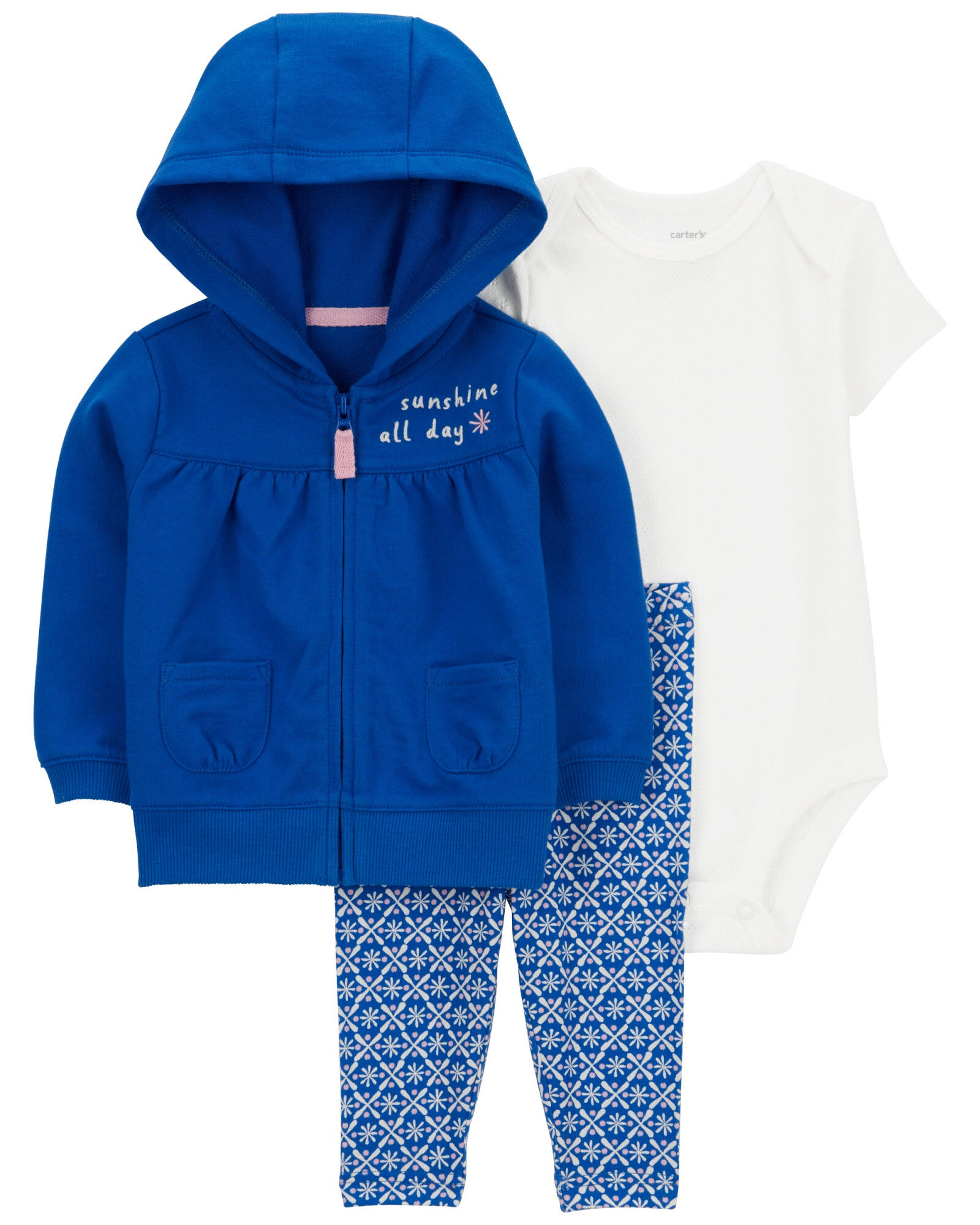 Set tres piezas de algodón, campera, calza y body diseño floral Set tres piezas de algodón, campera, calza y body diseño floral