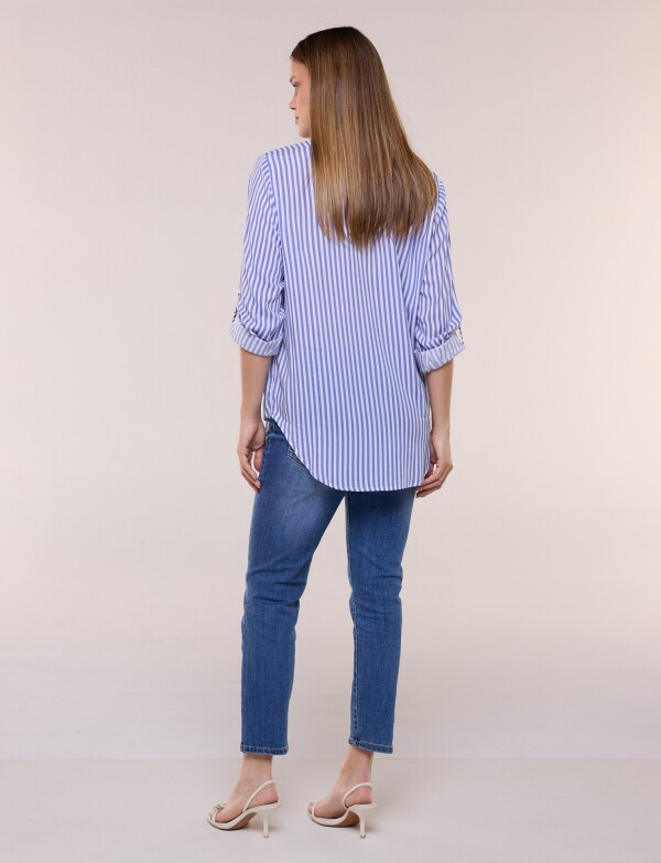Camisa Clásica Rayada Con Mangas Arremangables AZUL