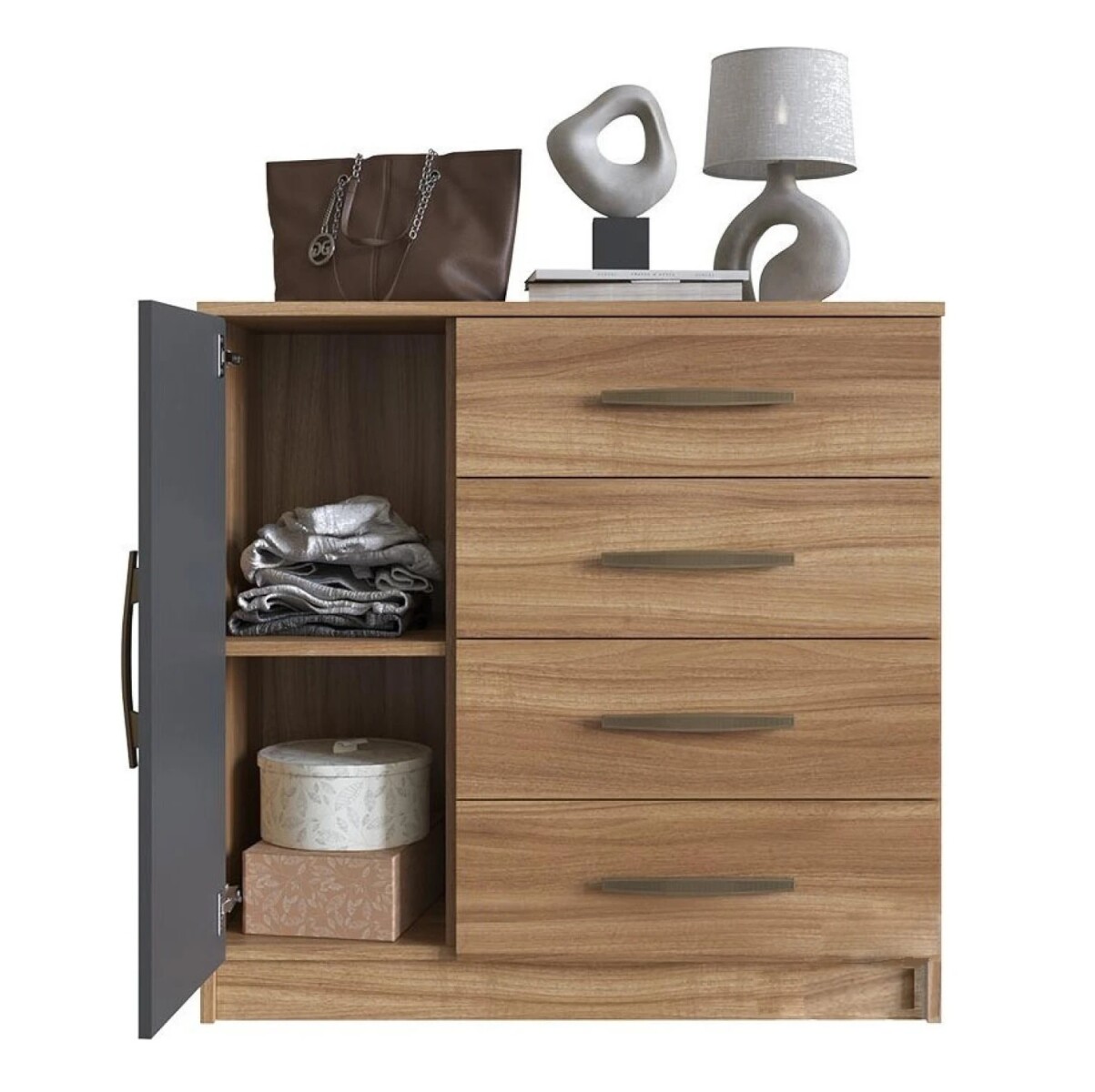 Cómoda Cajonera 4 Cajones 1 Puerta Mdp Premium Nogal / Grafito 