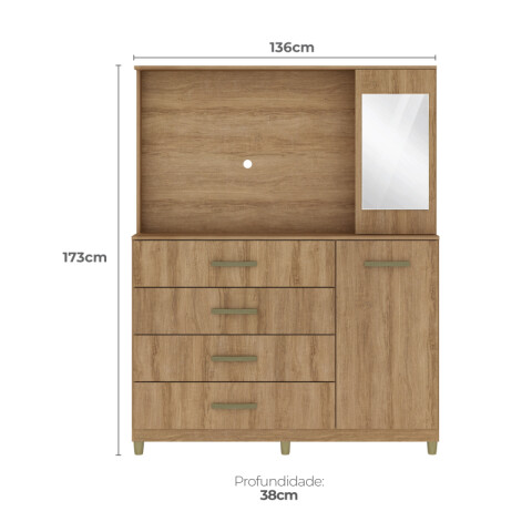 Comoda Cajonera Rack TV de 4 cajones 1 puerta 1 Botiquín con Espejo y Estantes para Dormitorio o Living - FE - Miel Comoda Cajonera Rack TV de 4 cajones 1 puerta 1 Botiquín con Espejo y Estantes para Dormitorio o Living - FE - Miel