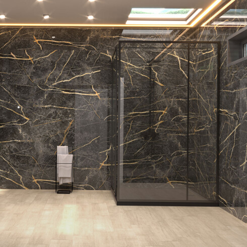 Semi gres 62x119 Rectificado Pulido Negro Marquina Vetas Dorada GAMAS DE NEGRO